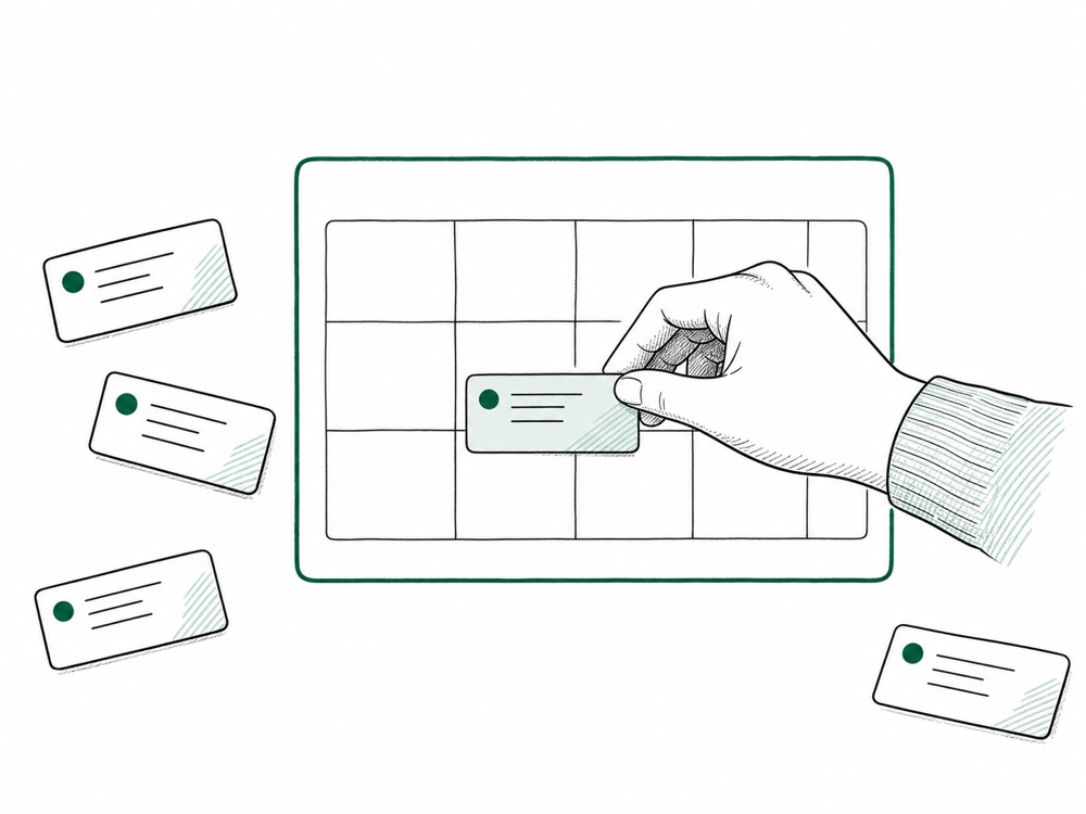 A hand carefully placing one meeting into a bounded calendar while leaving other meetings untouched