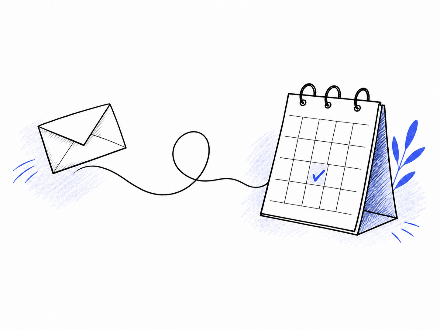 A hand-drawn envelope traveling along a line to a confirmed calendar