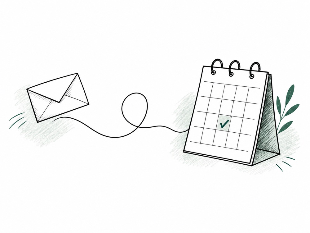 A hand-drawn envelope traveling along a line to a confirmed calendar