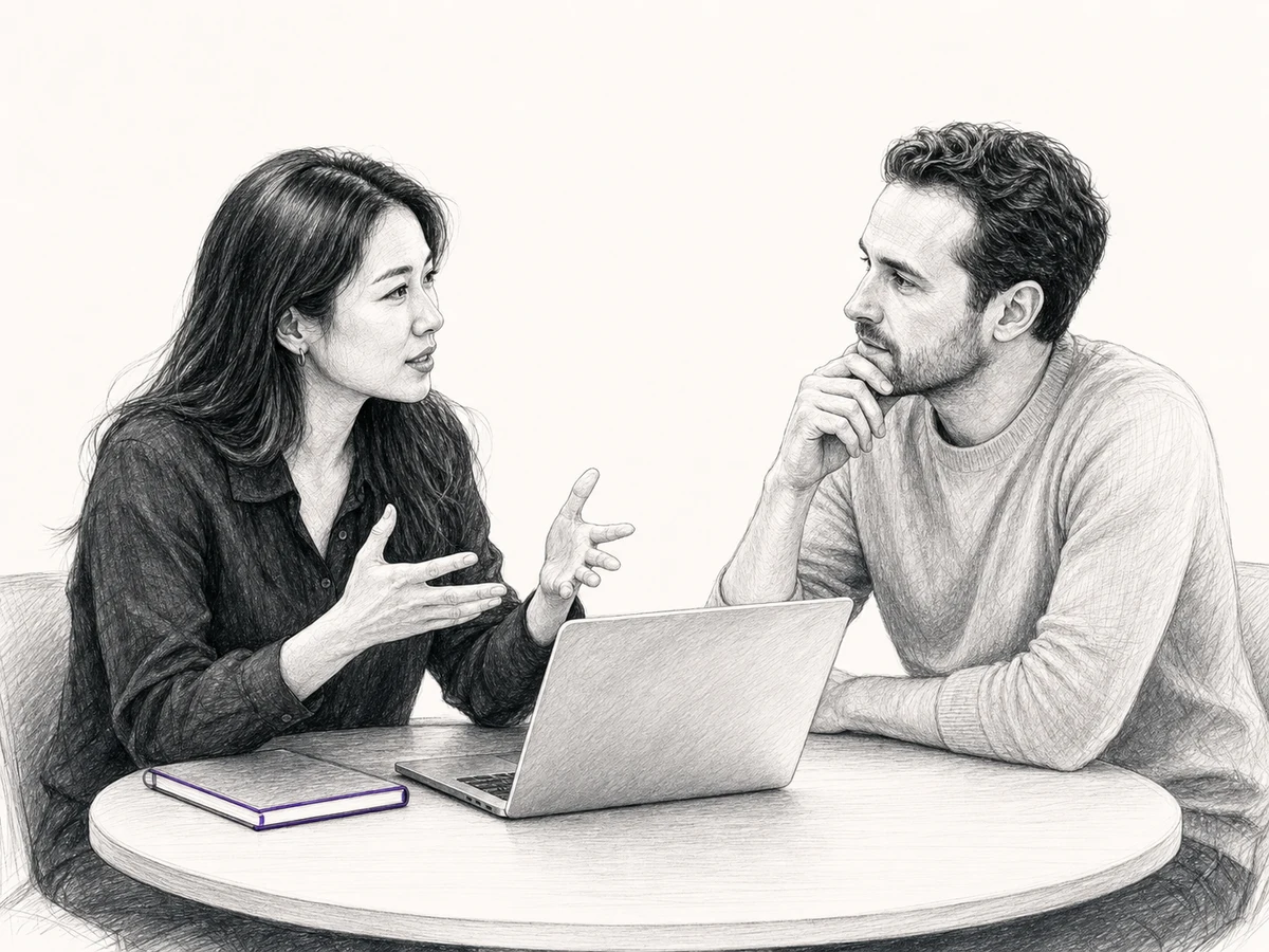 A startup founder and colleague in a focused planning conversation