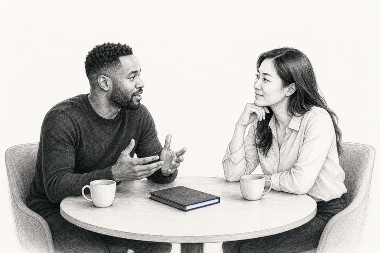 A startup founder and prospective customer in a focused conversation