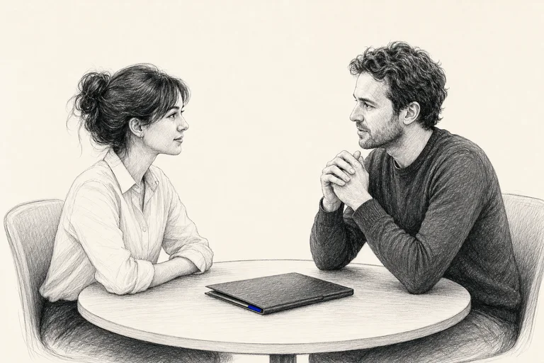 A startup founder and candidate in a considered interview