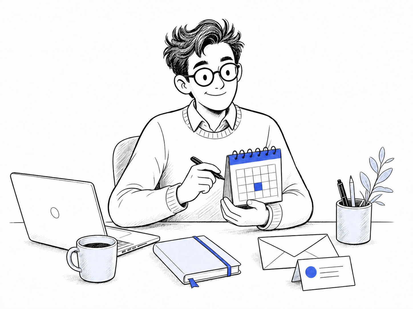 A hand-drawn portrait of Paul working as an executive scheduling assistant