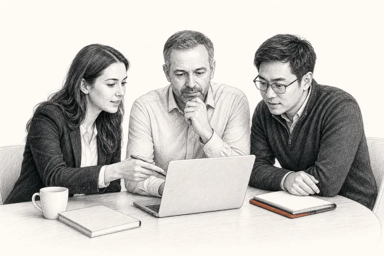 A buyer, account executive, and solutions engineer reviewing a demo
