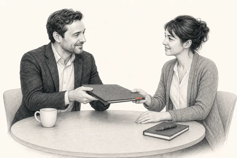 A seller handing a project folder to an implementation lead