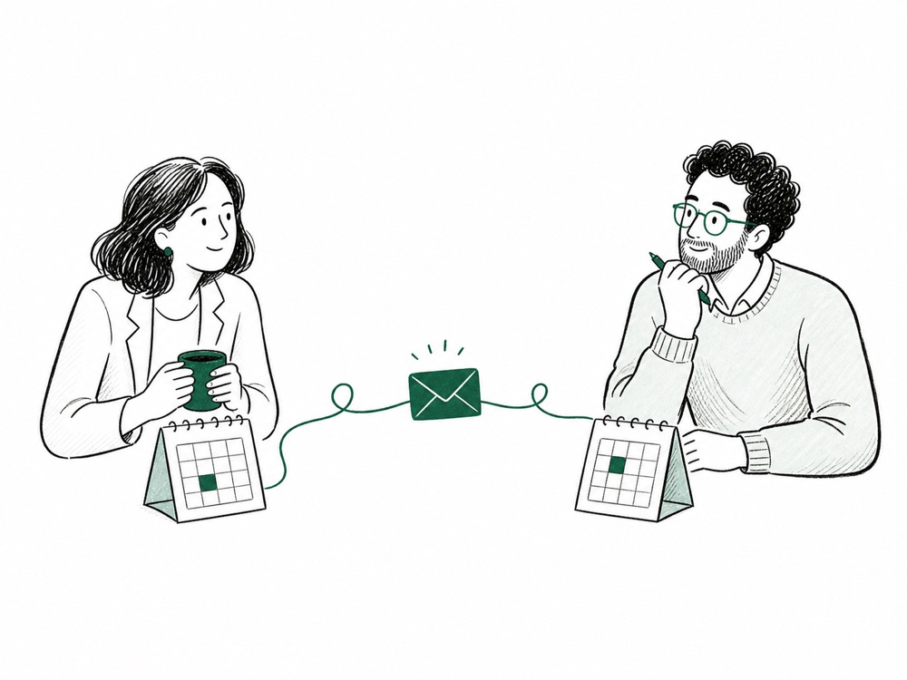 Two people coordinating through a connected email thread and their calendars