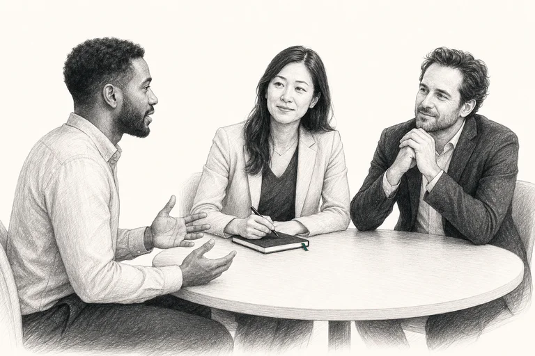 A candidate speaking with two attentive interviewers