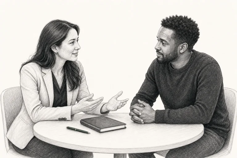 A recruiter and candidate calmly reconnecting after plans changed