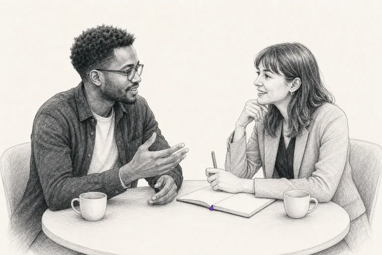 A startup founder and potential partner beginning a warm conversation
